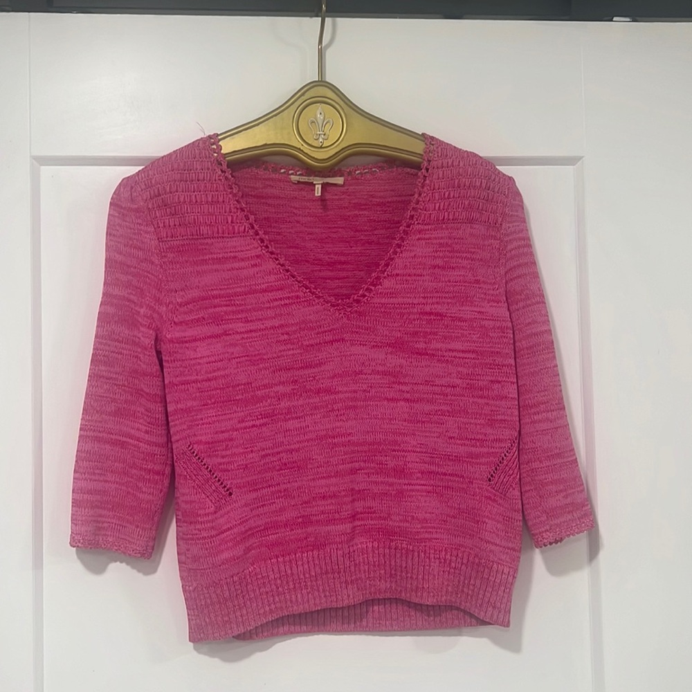 MAJE pink space dye chunky knit v neck short sleeve 3/4 sweater top